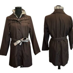 Dark chocolate brown nova check mini trenchcoat full zip belted high collar